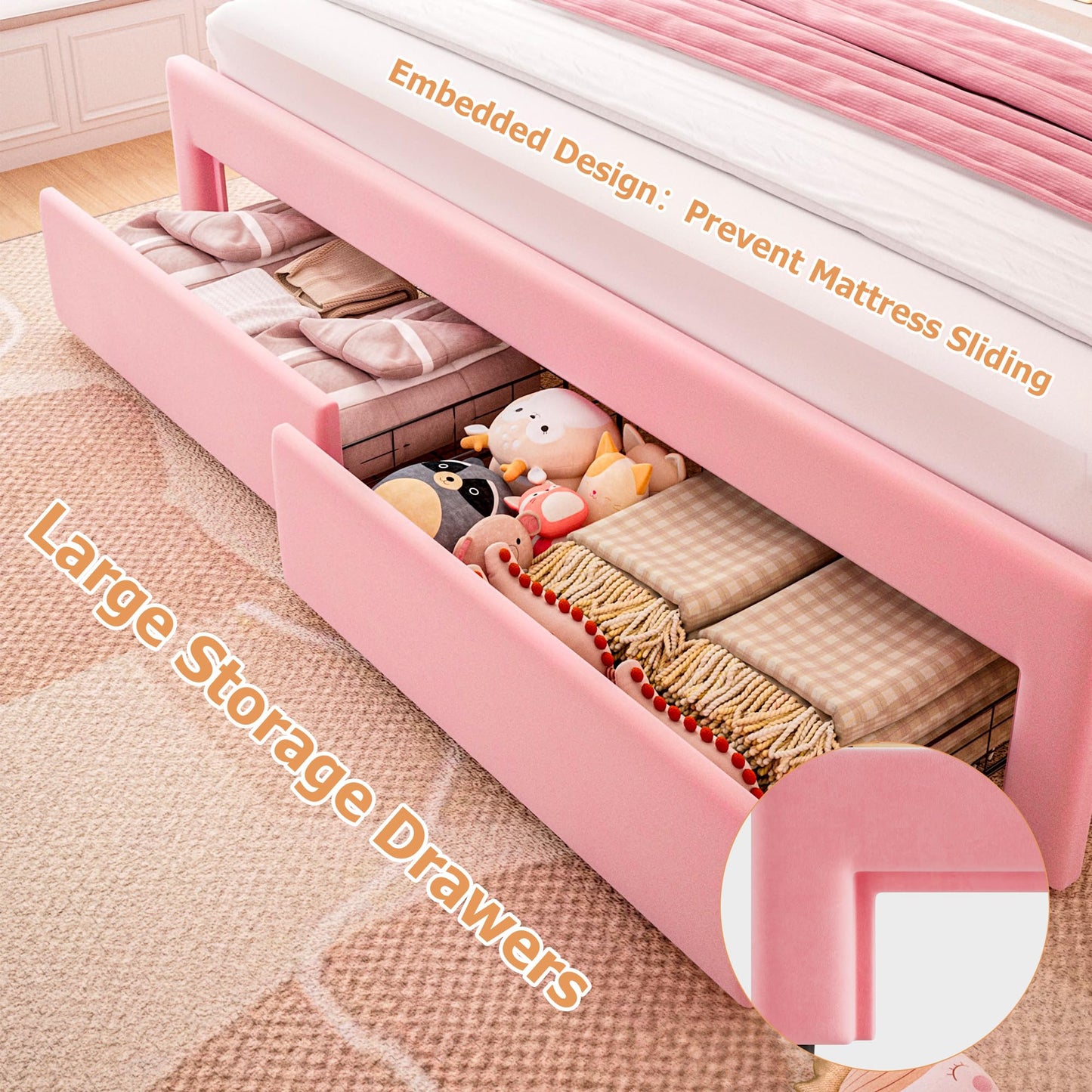 Velvet Upholstered King LED Bed Frame with 2 Storage Drawers and Adjustable Chic Double Wavy Headboard, Princess Platform Bed with Charing Station, Solid Wood Slats Support,No Box Spring Needed,Pink