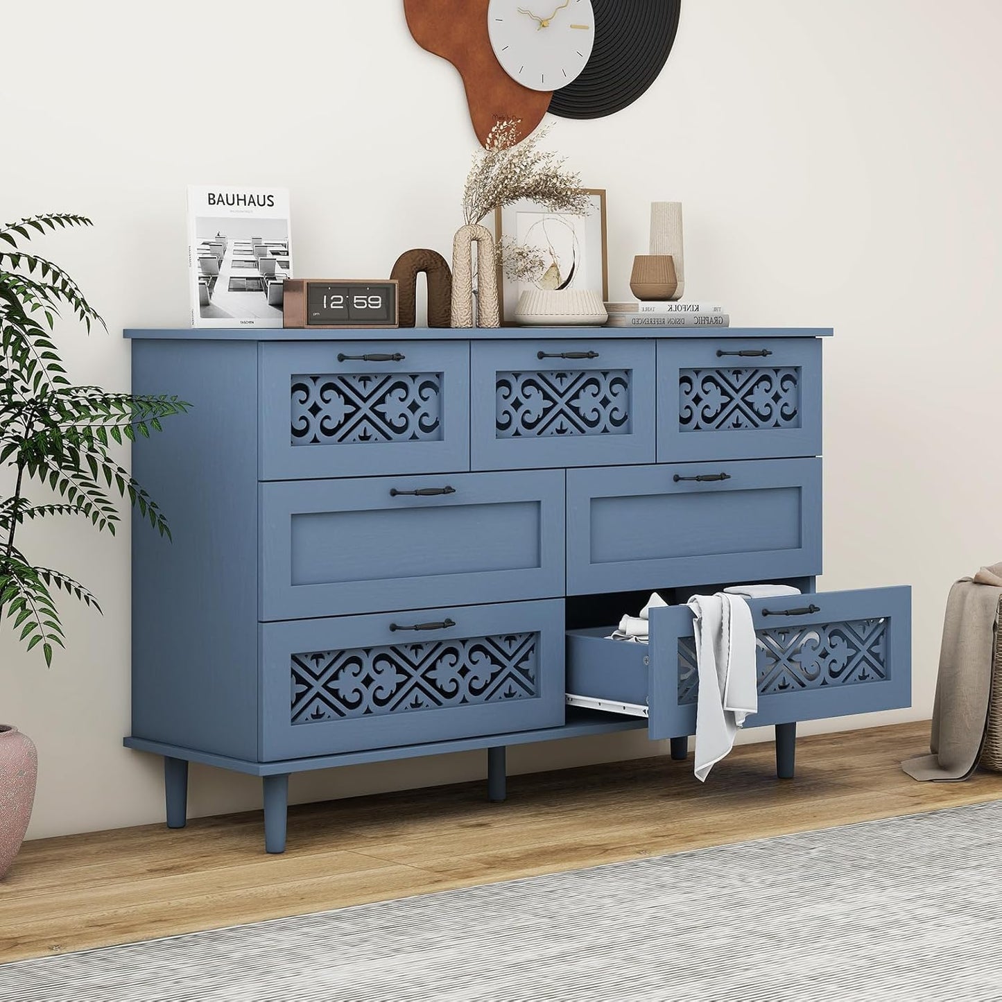 YHFEXYT 47” Wide Dresser for Bedroom with 7 Drawers,American Chest of Drawers with Bar Metal Handle,Wood Drawer Organizer,TV Stand with Large Drawers Muted Blue