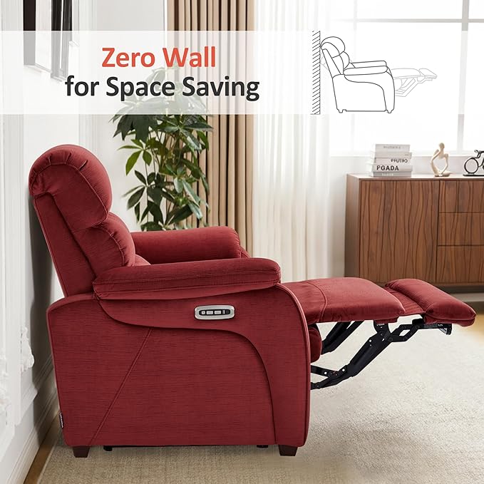 MCombo 61.6'' Wall Hugger Power Loveseat Recliner, Reclining Loveseat with Adjustable Headrest, USB Charge Ports, Wood Legs for Living Room, RVs, Small Spaces, Fabric ST258M1 (Loveseat, Burgundy)