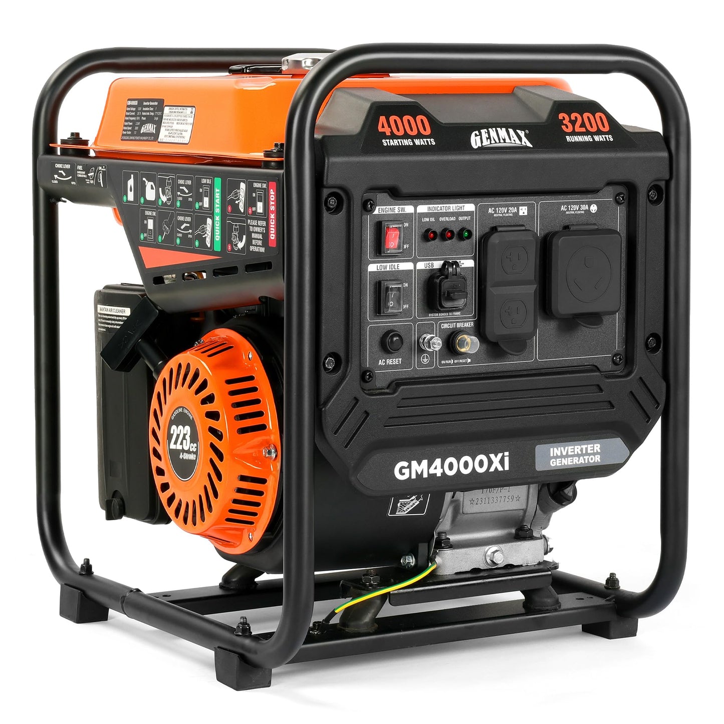 GENMAX 4000W Portable Open Frame Inverter Generator, 223cc Engine, with 30A RV Outlet, Clean Power (<5% THD) for Camping, Home & Jobsite Backup, Eco-Mode, Low Oil Shutdown, USB-C & USB-A Ports