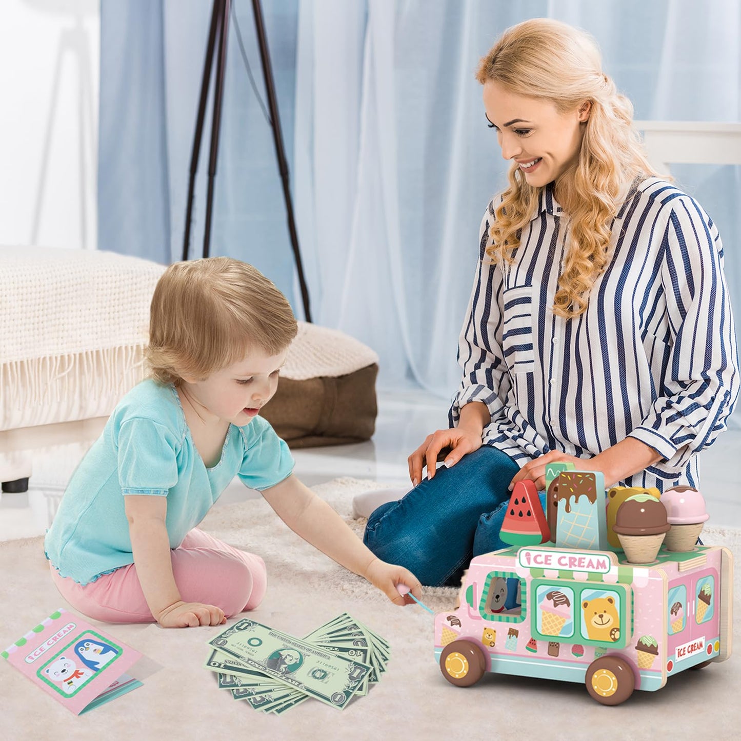 XIAPIA Ice Cream Toys for Girls, Wooden Ice Cream Cart, Pretend Play Toys for 1 2 3 Year Old, Play Food Truck Store for Toddlers 1-3, Boys Ice Lolly Shop Playset, Birthday Gifts for Baby 12-18 Month