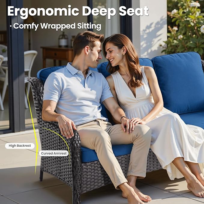 ovios 8 Pieces Patio Furniture Set, Outdoor Wicker Sofa Couch with Swivel Chairs 42" Fire Pit Table, High Back Modern All Weather Conversation Sets, Brown Rattan, Navy Blue