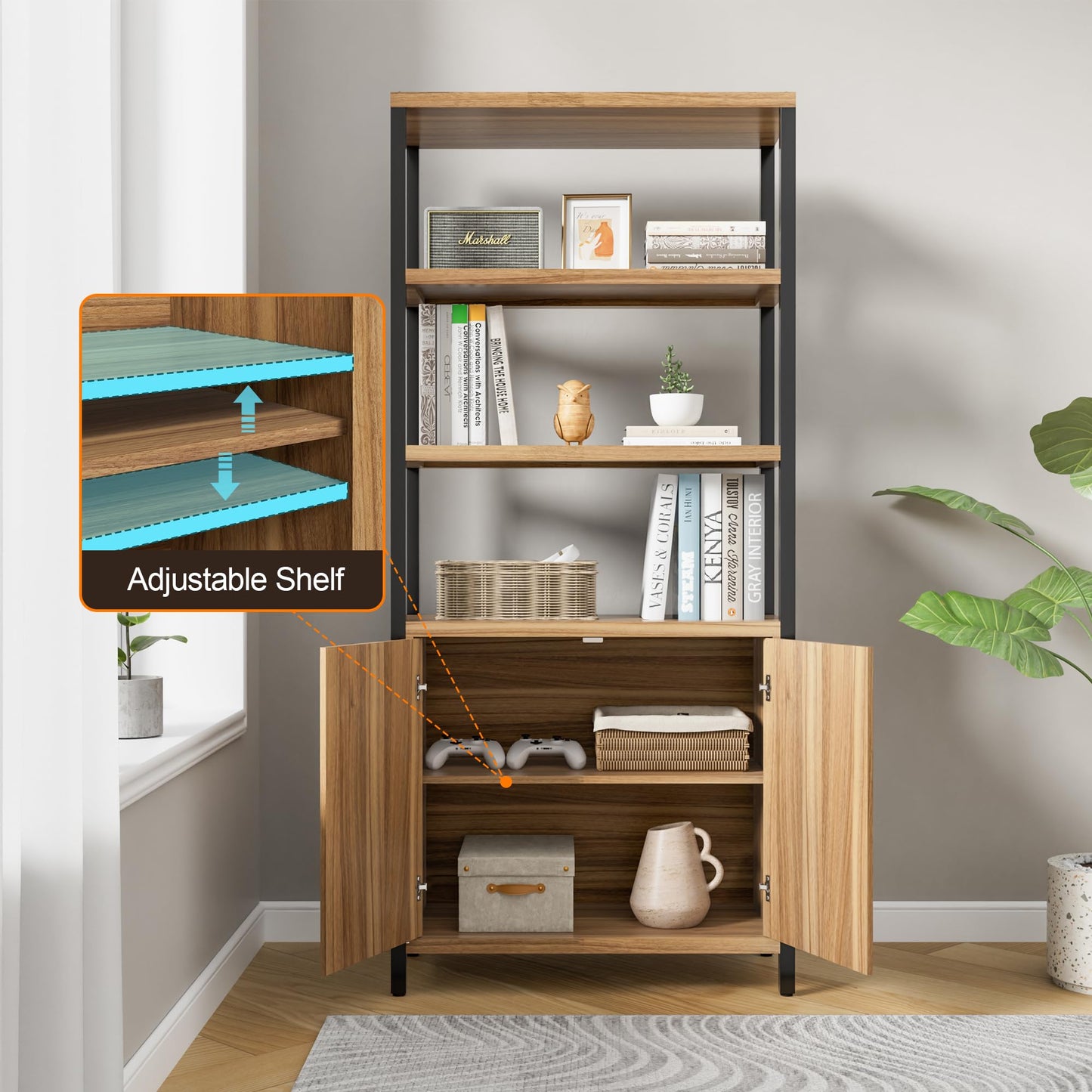 UEV 5 Tier Wood Boho Bookshelf with Storage Door,Fluted 71 in Tall Bookshelf with Metal Stand,Mid Century Modern Large Accent Bookcase for Living Room,Bed Room (Wood, 1 Piece)