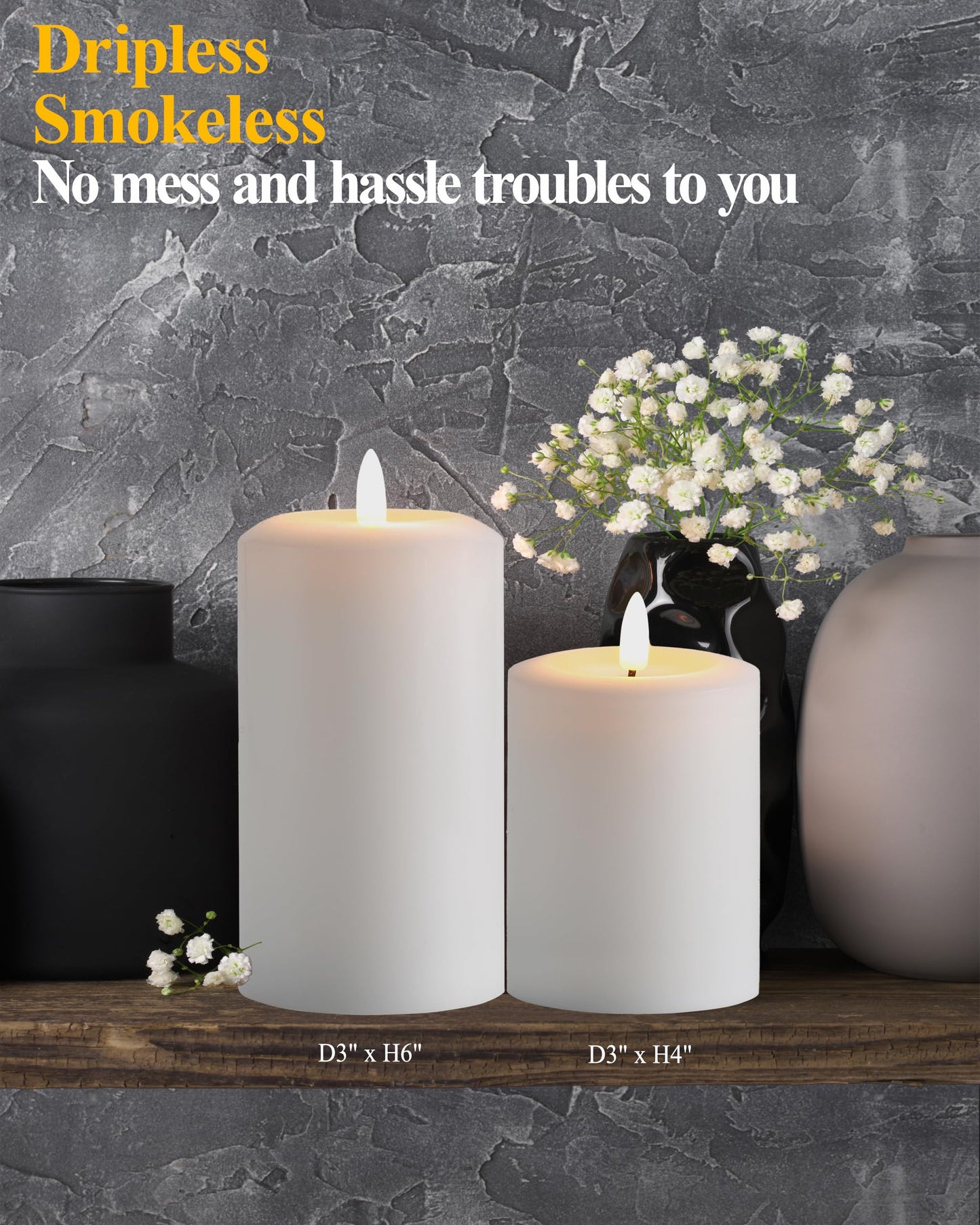 Gmnee 3"x5" Flickering Flameless Candles with Remote Timer, Real Wax, White Pillar Candles, Set of 3 Large LED Battery Operated Candles for Home, Fireplace, Centerpiece, Rustic and Farmhouse Decor