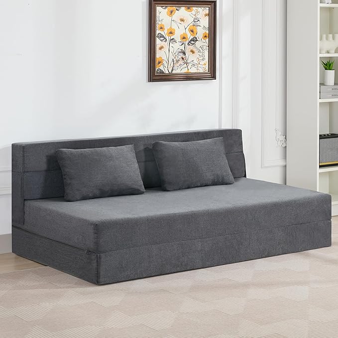 WUTUTUEE Folding Sofa Bed Convertible Floor Couch Foldable Chair Bed with Pillow，Linen Sleeper Chair Futon,Foldable Memory Foam Mattress for Bedroom/Living Room/Dorm/Office (Dark Grey, Queen)