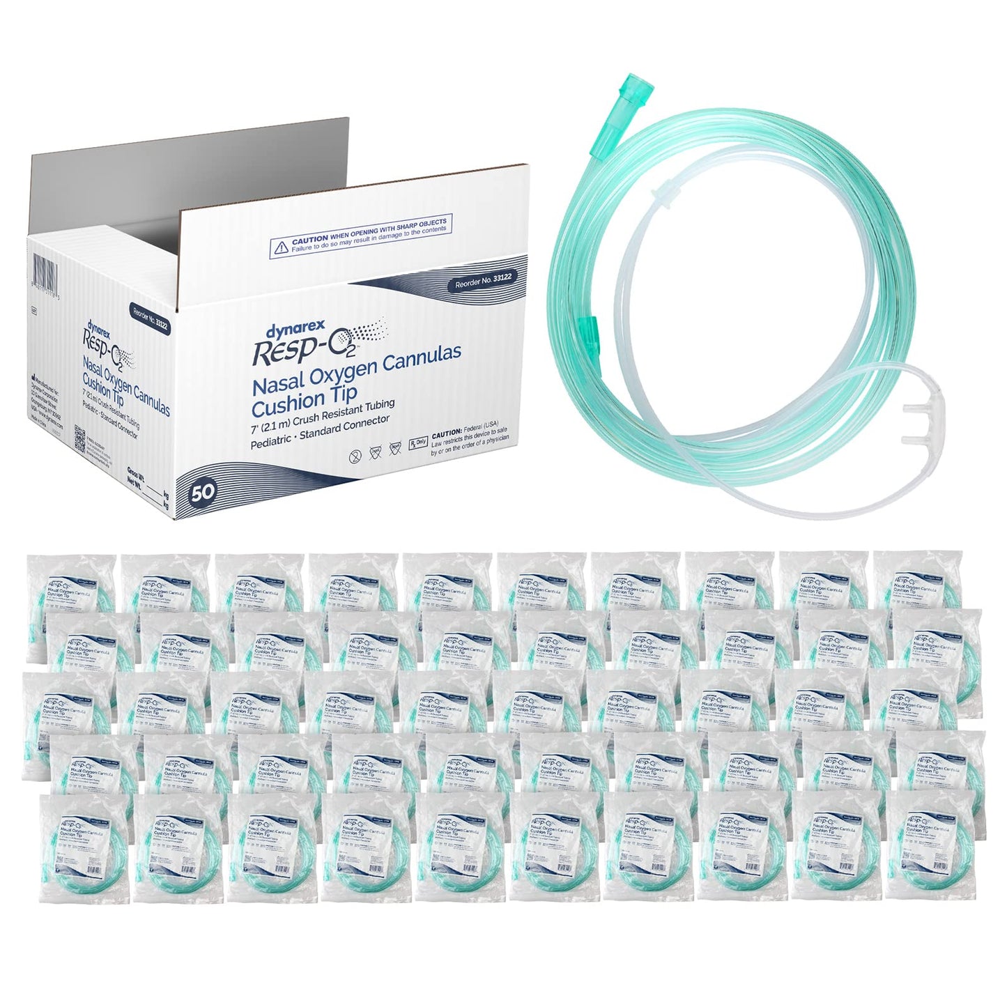 Dynarex Nasal Cannulas for Oxygen Therapy- 7' Crush Resistant Oxygen Supply Tubing for Newborn and Pediatrics - Soft Cushion Tip Standard Connector - 50 Per Case