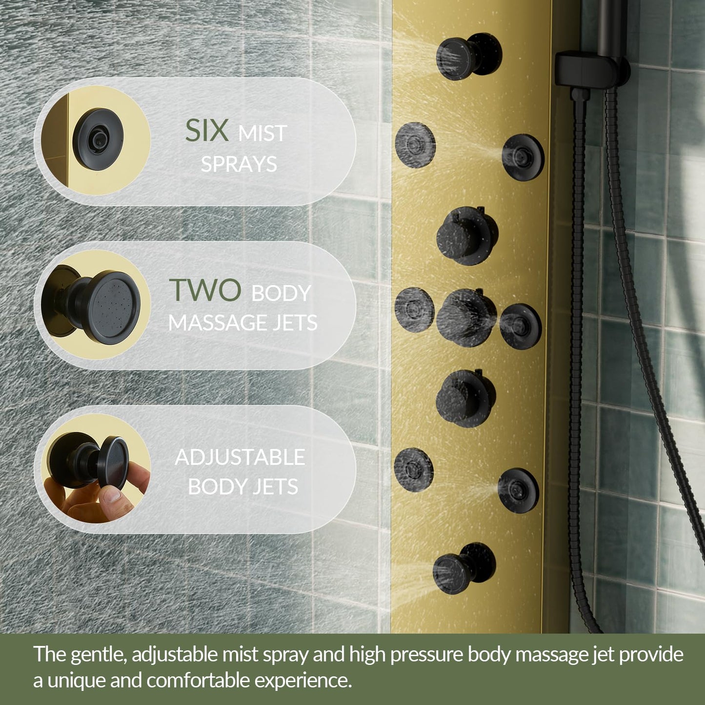 BATHLAVISH Shower Panel Tower System Stainless Steel LED Rainfall Waterfall Shower Head 5-Function Faucet Rain Massage System Wall Mount with 8 Body Jets, Handheld, and Tub Spout, Gold