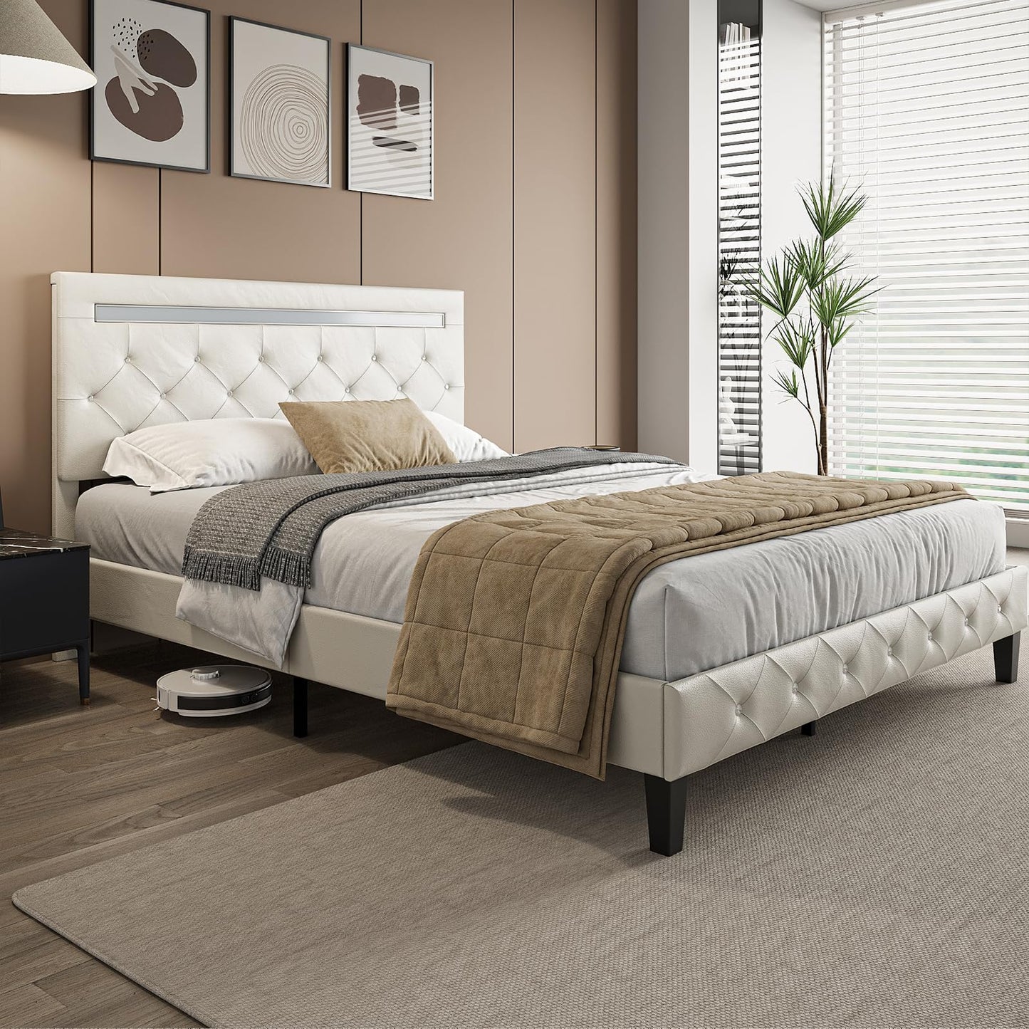 Benevika Full Size Bed Frame with LED Lights, Upholstered Platform Bed Frame, Adjustable Headboard with Charging Station, Wooden Slats Support, Easy Assembly, No Box Spring Needed, White