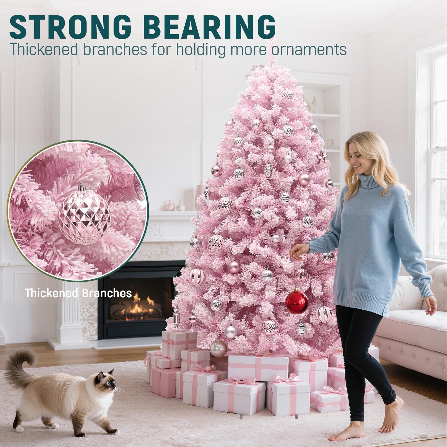 YITAHOME 6 FT Prelit Pink Flocked Spruce Artificial Christmas Tree, Pre-Lit Pink Christmas Tree with 928 PVC Tips and 250 Warm-White Lights for Home, Office Decoration