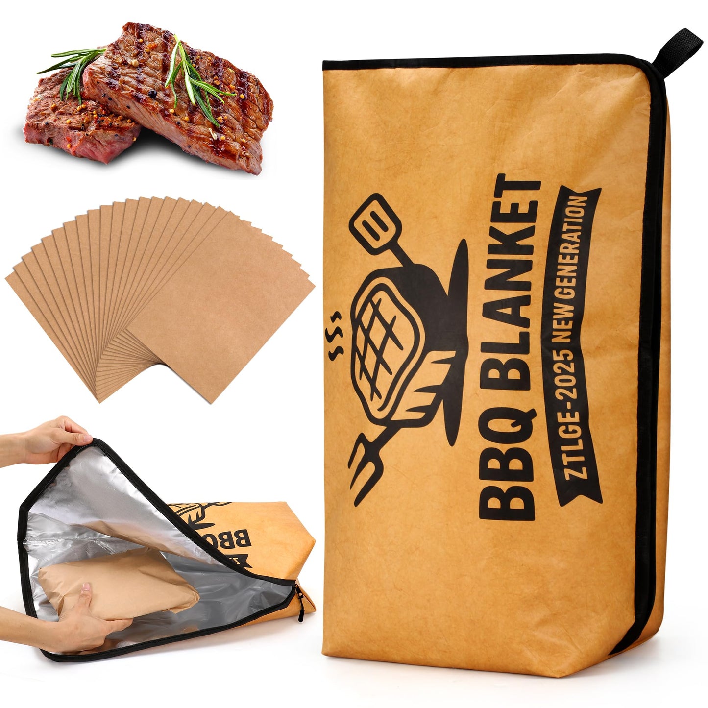 BBQ Blanket for Resting Meat - 21" Reusable Leakproof Meat Resting Bag, 5-Layer Insulated Smoker Blanket with 20 Butcher Papers, Brisket Wrap Smoker Accessories & BBQ Gifts for Men (Turkey,Pork,Beef)