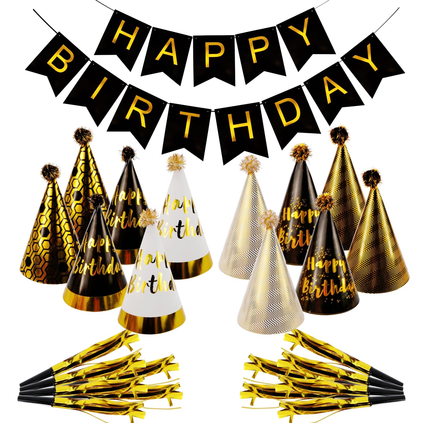 Exacoo 25Pcs Gold Birthday Cone Hat Set Includes 12 Gold Black White Party Hats for Adults 12 Gold Funny Noise Makers 1Pc Happy Birthday Banner Party Essentials Decorations Gorros de Cumpleaños