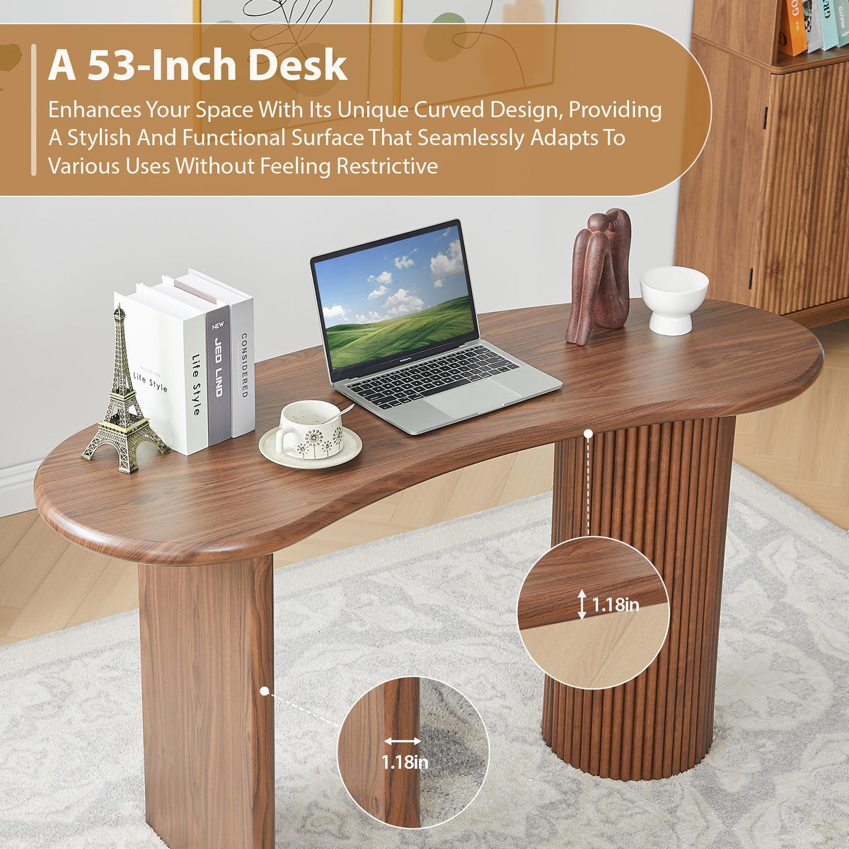 LEVNARY 54.3" Curved Small Computer Desk, Wooden Executive Desk with Sturdy Fluted Legs, Modern Luxury Corner Single Writing Vanity Desk for Bedroom Living Room Home Office (Walnut)