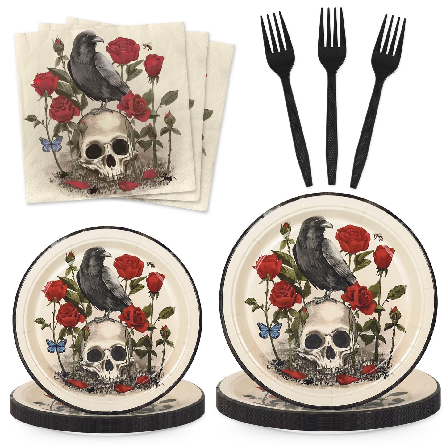 JarThenaAMCS Halloween Party Supplies Kit Serves 25 Skull Rose Paper Plates Napkins Plastic Forks for Birthday Party Tableware Supplies, 100Pcs