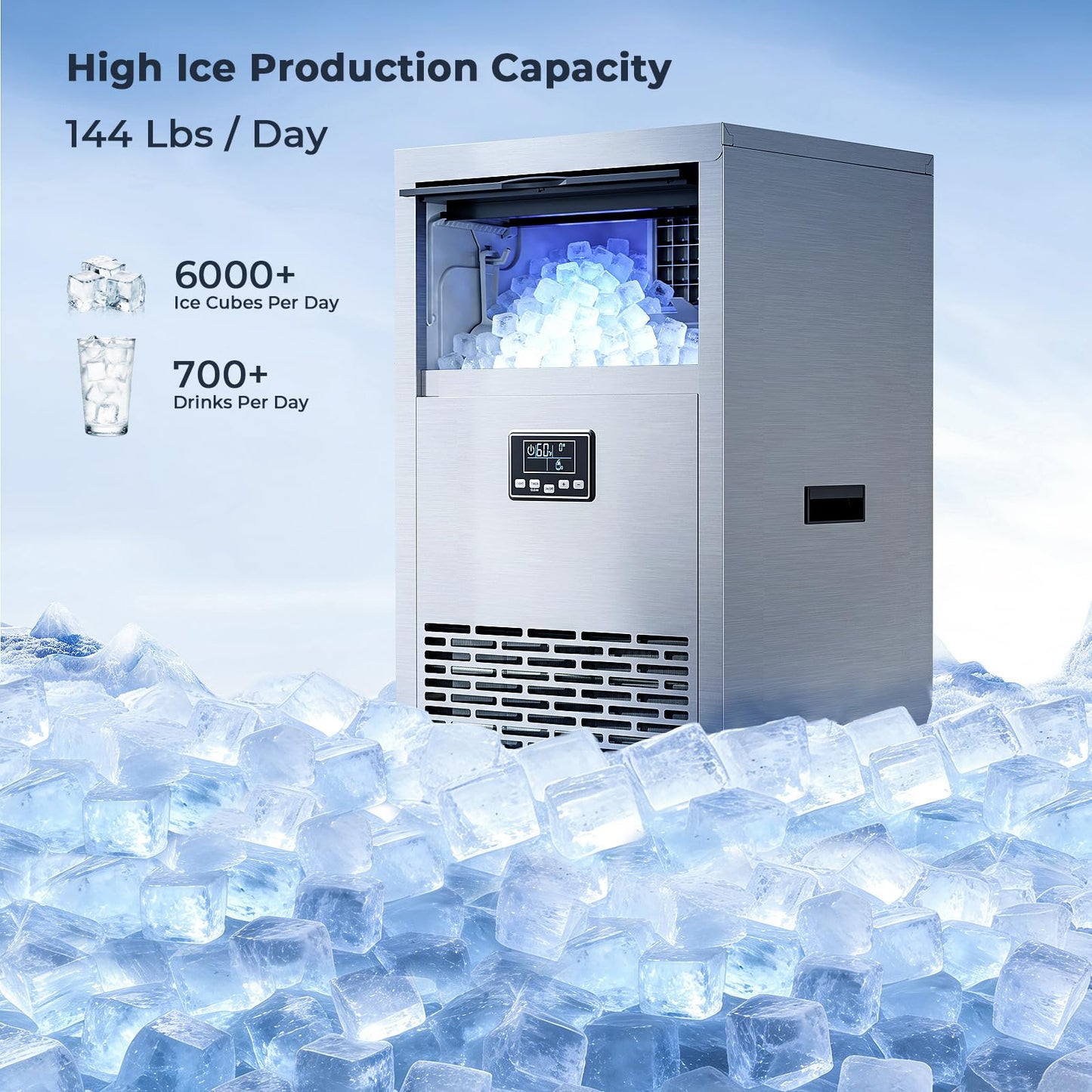 Kismile Commercial Ice Maker, 144 lbs/24H Ice Machine with 29 lbs Storage, Under Counter Ice Maker with LED Display & Self-Cleaning, 304 Stainless Steel Structure for Home, Bar, Outdoor Kitchen