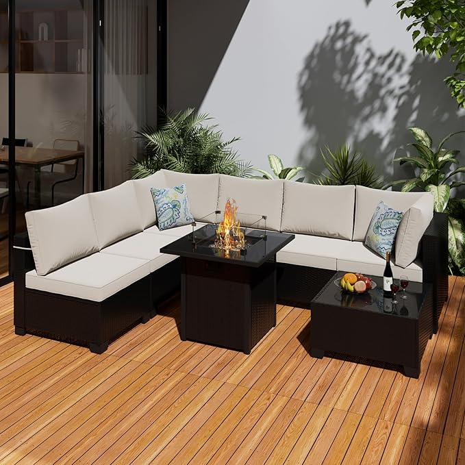 Ophelian 8 Pcs Patio Furniture Set with Fire Pit Table Wicker Outdoor Sectional Sofa, Conversation Set Perfect for Backyard, Garden, Deck (Deep Brown/Beige)