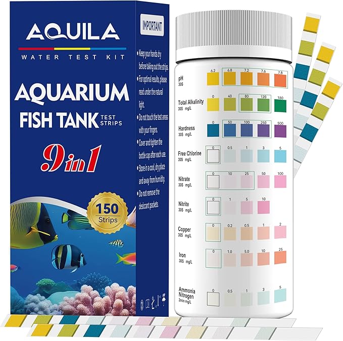 Aquarium Water Test Kit 9-in-1, Aquarium Ammonia Test Strips for Fish Tanks and Ponds, 150 Strips Testing pH Total Alkalin...
