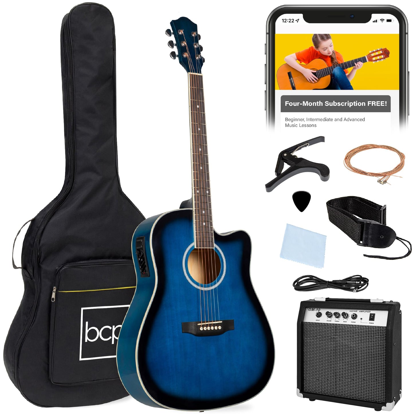 Best Choice Products Beginner Acoustic Electric Guitar Starter Set w/ 41in, All Wood Cutaway Design, Gig Bag, Strap, Picks - Blu