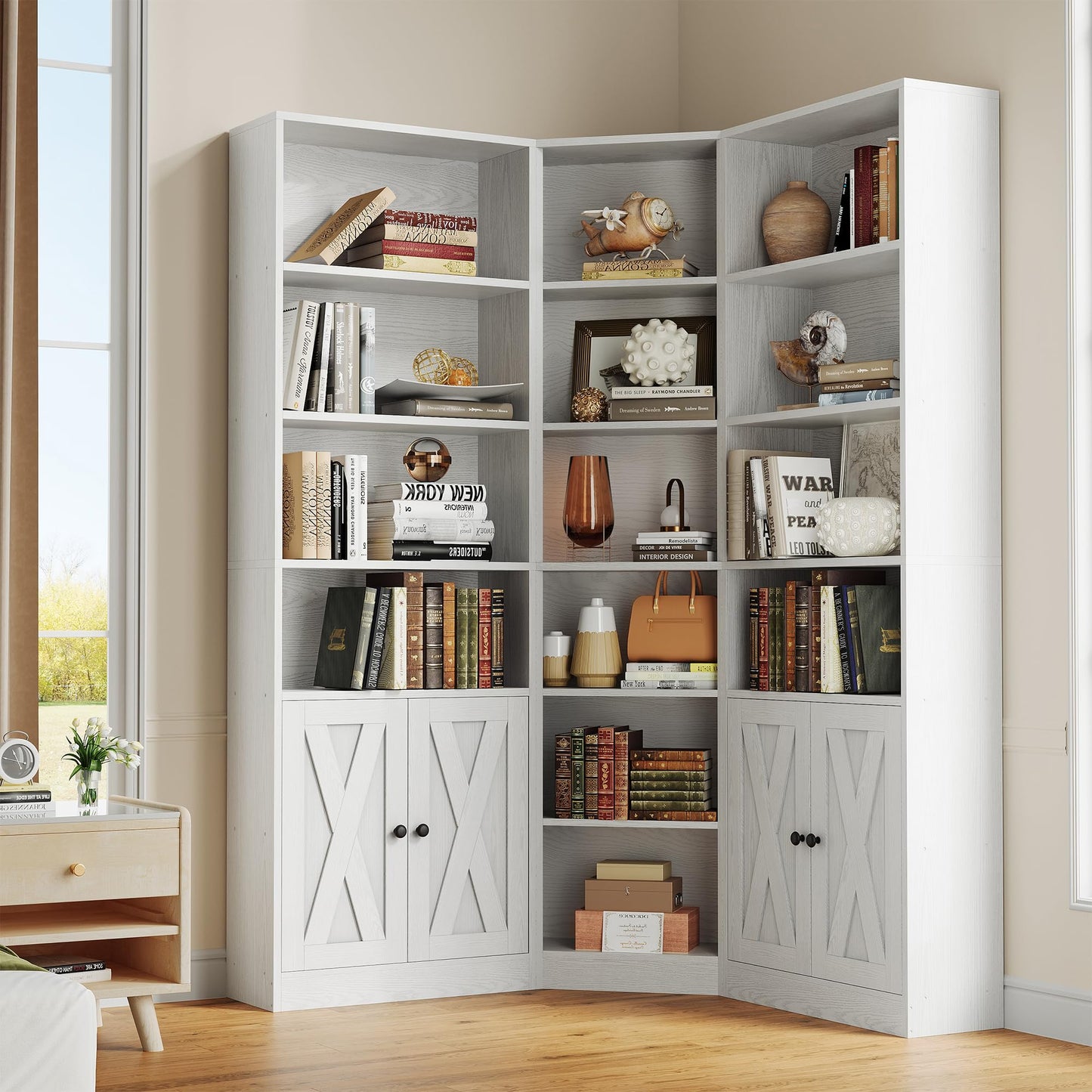 ANCTOR Large Corner Bookcase with 2 Storage Cabinets and 18 Shelves, 7 Tiers L Shaped Wood Bookshelf, 71" Tall Corner Hutch for Living Room, Bedroom, White