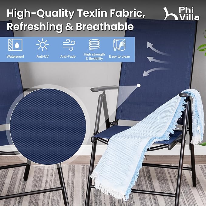 PHI VILLA Outdoor Patio Folding Chairs Set of 6, Portable Patio Dining Chairs with Adjustable Backrest for Outside, Garden, Lawn & Yard, No Assembly, Blue