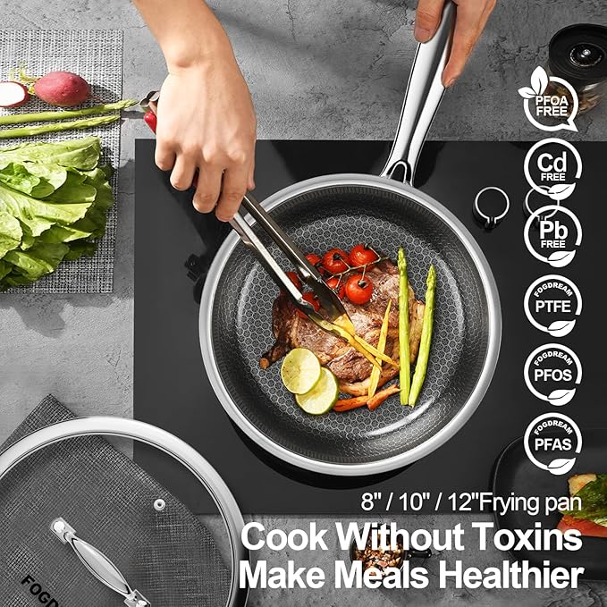 FogDream 12 Inch Non Stick Frying Pans, Stainless Steel Skillet with Tempered Glass Lid Tri-Ply Stainless Steel for All Cooktops, Dishwasher & Oven-Safe Cooking Pan, Stay-Cool Handle, Silver