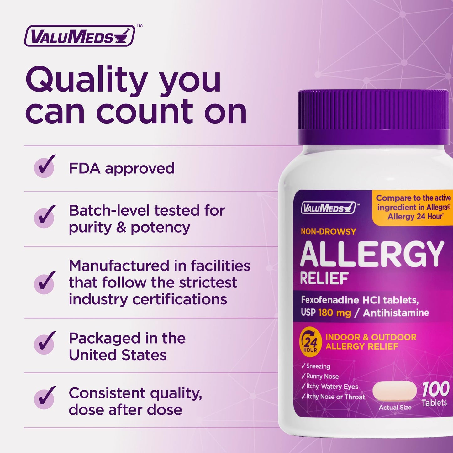 ValuMeds | Compare to Allegra | Fexofenadine HCl 180mg | 24-Hour Allergy Relief, Non-Drowsy Antihistamine Generic Medicine for Allergies, Hay Fever, Itchy Eyes | for Kids & Adults (100 Count)