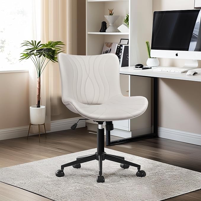 VATROS Office Chair, Armless Desk Chair with Wheels, Ergonomic Comfy Home Office Computer Task Chairs, Faux Leather Padded Cute Vanity Chair, Adjustable Height Swivel Chair with Back,White
