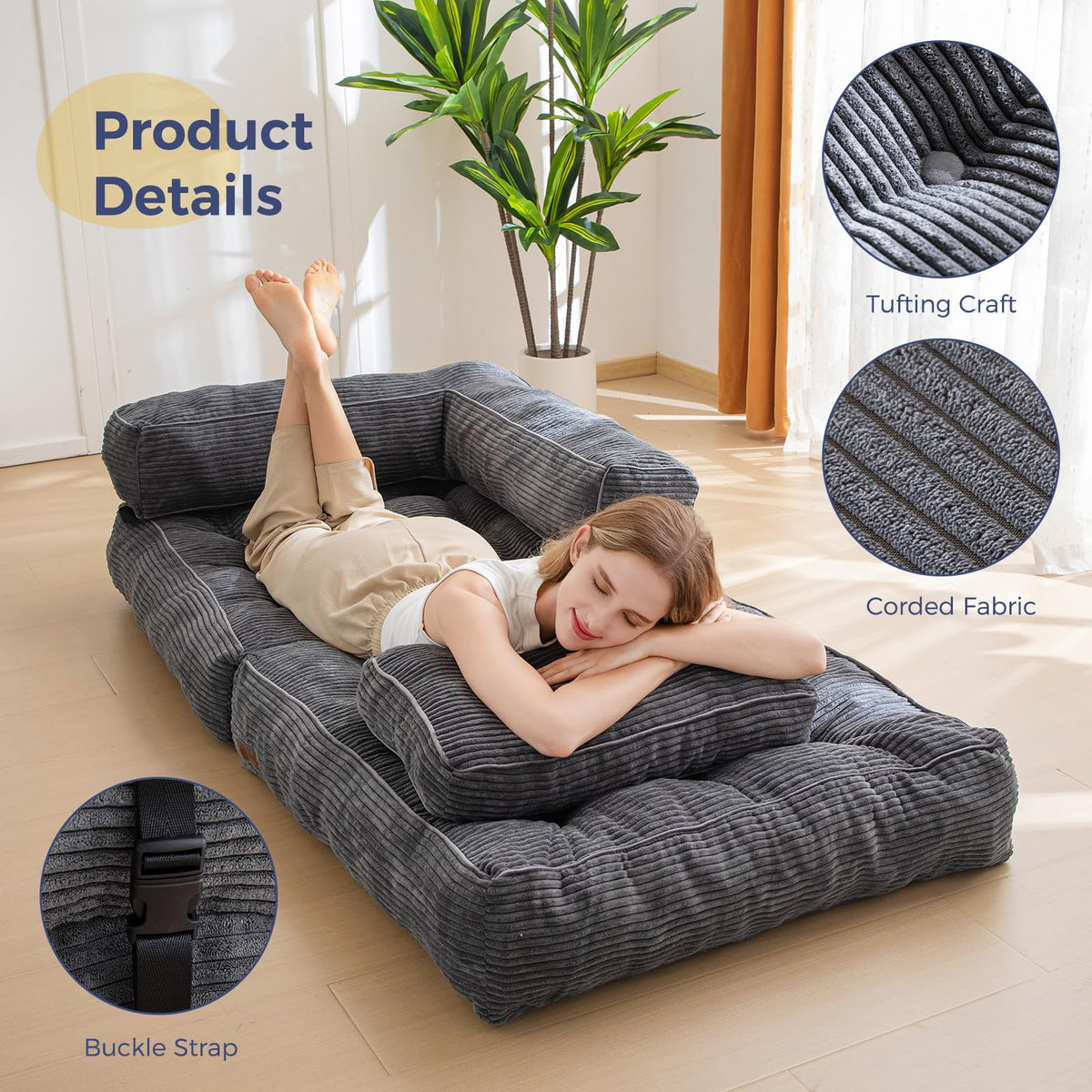 MAXYOYO Folding Sofa Bed, L-Shaped Convertible Sofa Bed with Armrest Foldable Sleeper Sofa with Pillow, Portable Fold Out Chair Bed Comfy Floor Lounge for Living Room Bedroom, Dark Grey