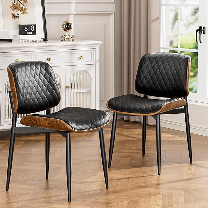YaFiti Dining Chairs Set of 8, FSC Certified Mid Century Modern Accent Dining Room and Kitchen Chairs, Upholstered PU Leather Diamond Check Chairs with Walnut Bentwood and Metal Legs, Black