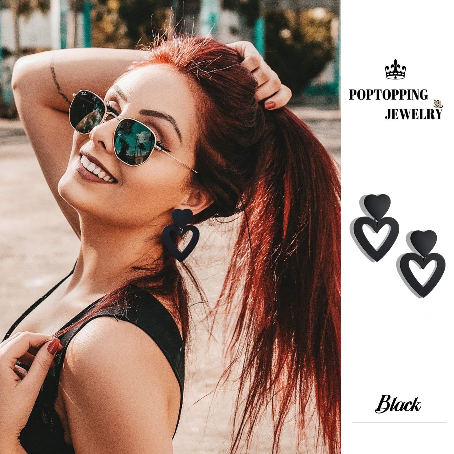 PopTopping Double Heart Earrings Dangling Black Heart Dangle Earrings Love Heart Drop Earrings For Women (Black)