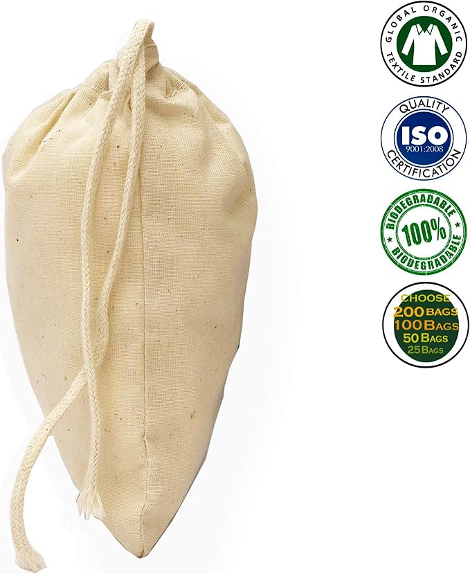 10x12 Inches Natural Cotton Reusable Produce Muslin Bags – Multipurpose Drawstring Storage Pouch for Everyday Use (50)