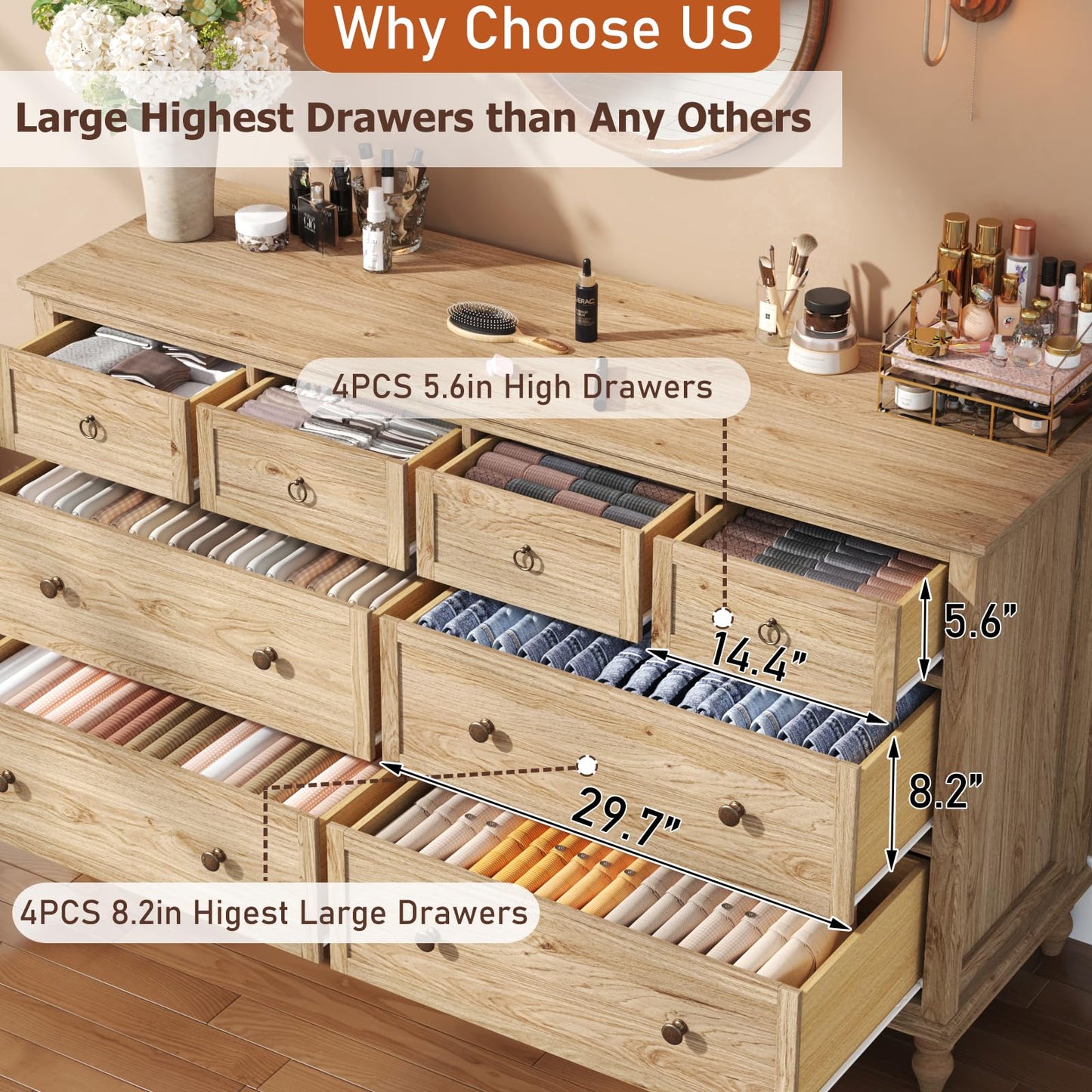 chartustriable 65inch Large Long Drawer Dresser w/Deep Drawers,Rustic Wood 8 Drawer Dresser with Large Capacity for Living Room,Wooden Chest of Drawers for Bedroom,Living Room,Entryway,Oak