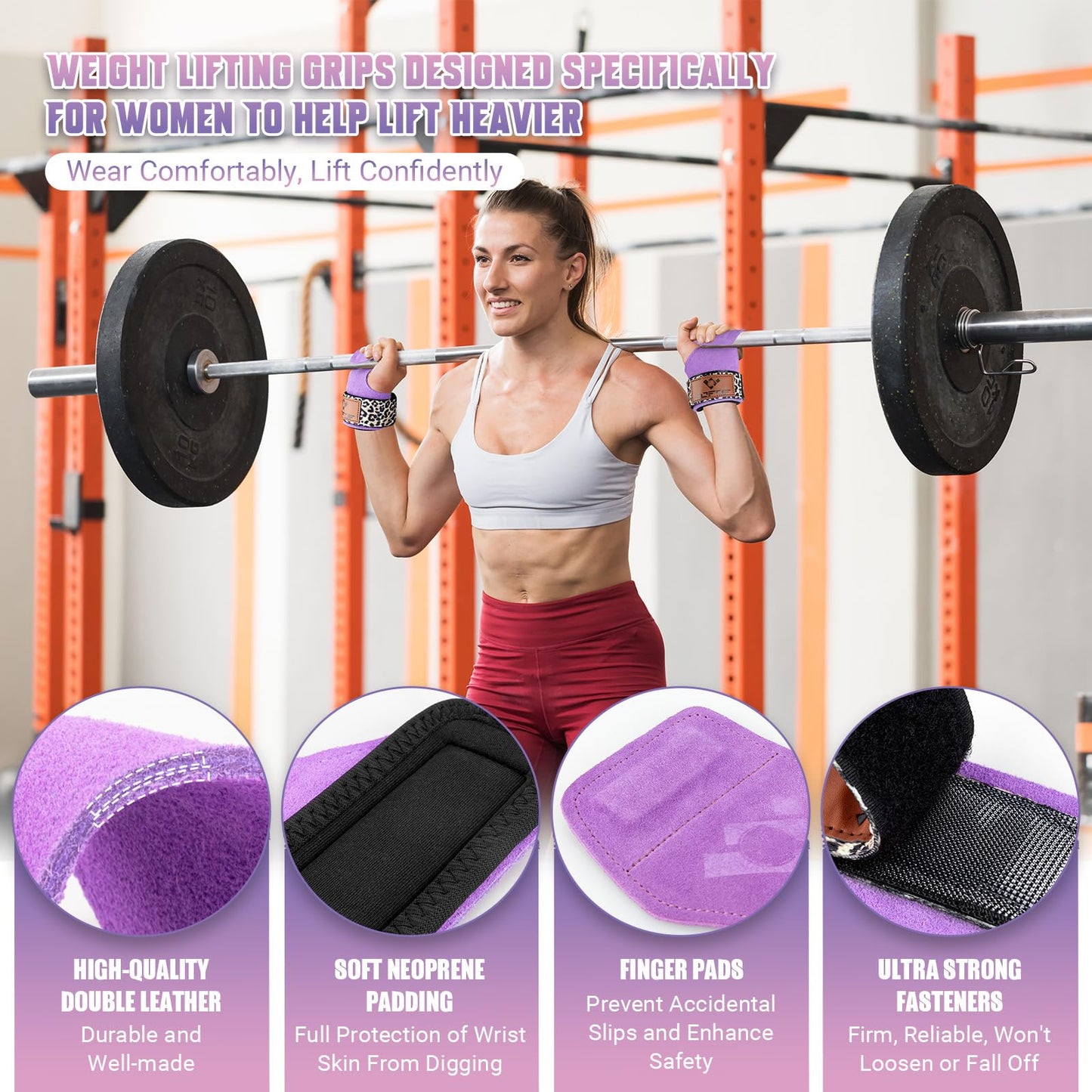 Weight Lifting Wrist Straps for Women, Adjustable Neoprene Padded Hand Grips Pro for Weightlifting, Double Layer Leather Gym Accessories Workout Straps for Deadlift, Crossfit & Pull up (Pair)