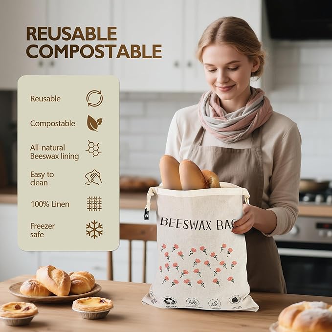 2-Pack Reusable Beeswax Bread Bags for Homemade Bread Sourdough, 2 Natural Beeswax 100% Linen Moisture-proof Lined Storage Bags with Buckle& 1 Bowl Covers –Easy to Clean,Safe,Keeps Bakes Fresh Longer