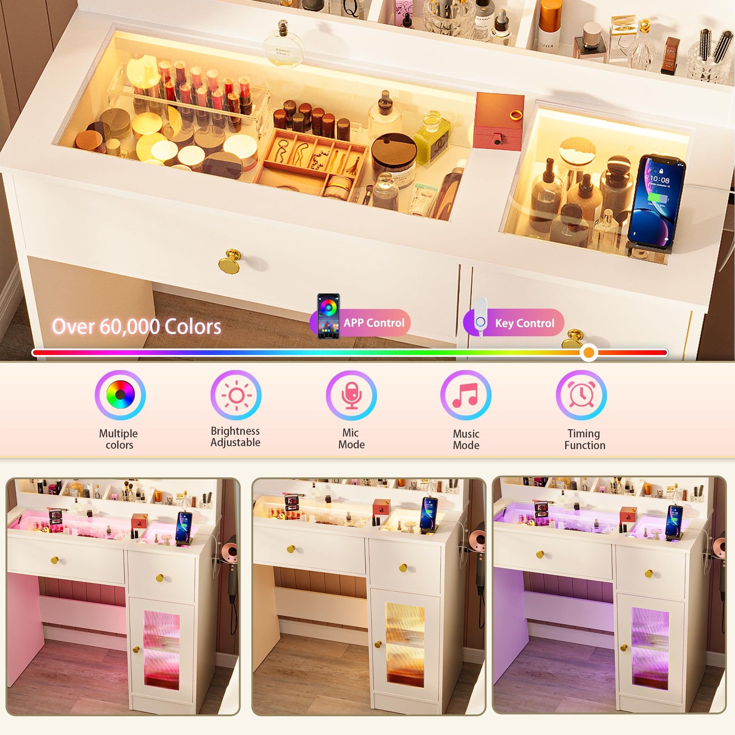 LAKEMID Vanity Desk with Mirror and Bulbs Lights, White Glass Top Makeup Vanity Table with Drawers & Power Outlet,3 Lighting Modes & Adjustable Brightness, Modern Vanity Dressing Table with Cabinet