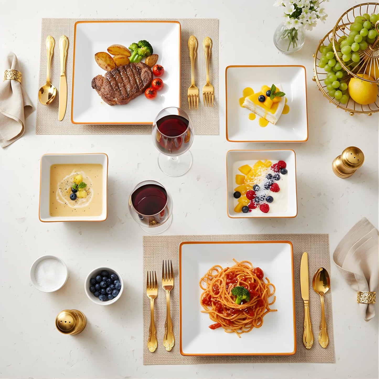 TP 12-Piece Dinnerware Set, Melamine Dishes Set with Bowls and Plates, Non-breakable and Lightweight Square Dinner Set for 4, White with Rim