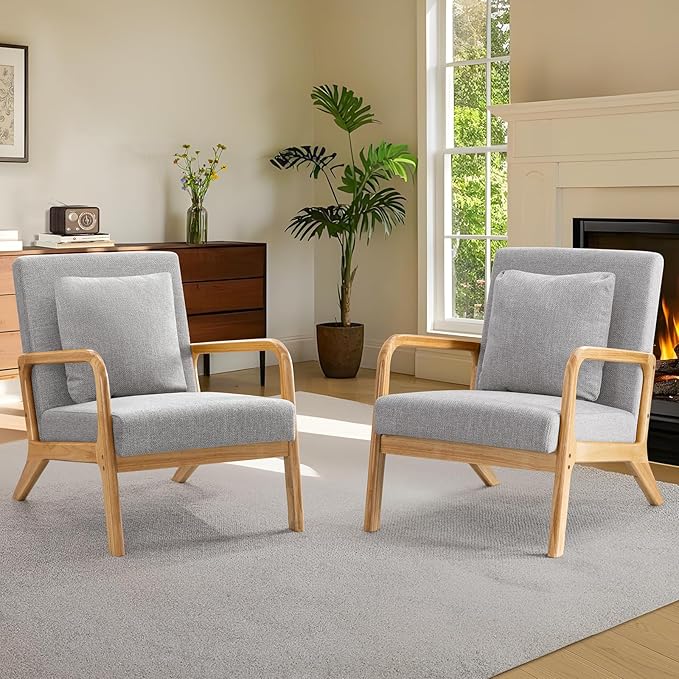 ELUCHANG Mid-Century Modern Accent Chair with Lumbar Pillow,Upholstered Armchair,Linen Fabric Comfy Reading Chair, Lounge Side Chair for Living Room Bedroom Apartment,Easy Assembly(Grey,2pcs)