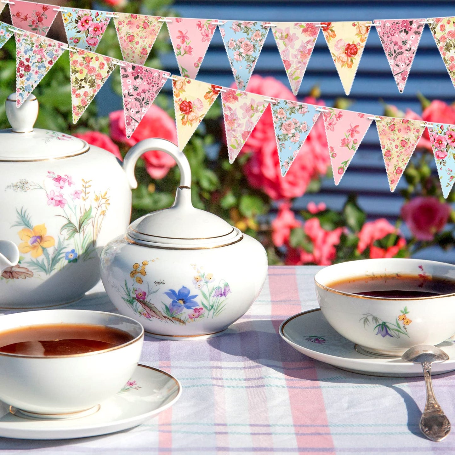 Funtery 5 Pcs Retro Bright Floral Paper Garland Chic Tea Party Decorations Wildflower Garland Floral Triangle Banner for Wedding Birthday Parties Festivals Home Outdoor Hanging Decorations