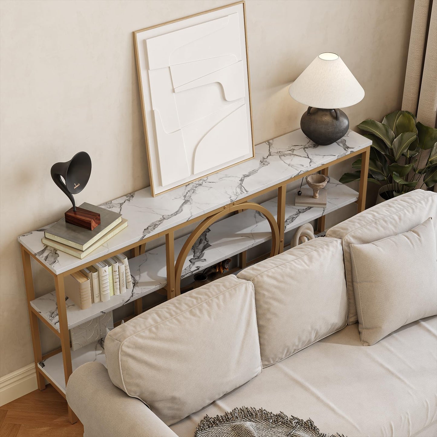 Tarnorci Modern Console Table, 3-Tier Entryway Table with Storage Shelf, 66.9‘’ White Wood Living Room Furniture Bright Decor, Hallway Table for Behind Couch (White+Champagne Gold)