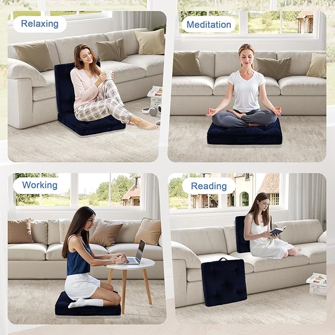PRIMEPATIO Square Floor Pillow for Adults, Tufted Floor Cushion for Sitting, Large Meditation Cushion, Thick Corduroy Seat with Handle, Tatami Seating for Yoga, 24x24 Inch Navy Blue, 2Pack