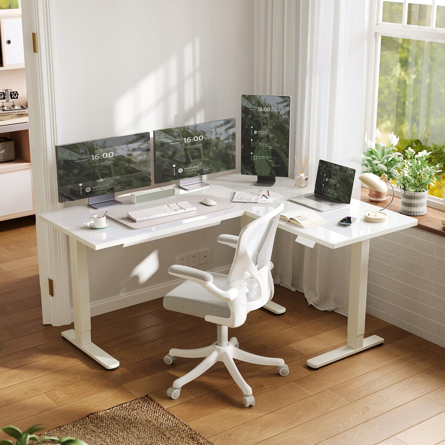 INNOVAR L Shaped Glass Standing Desk Adjustable Height, Dual Motor Electric Corner Standing Desk with Drawers, 63x55 inch Sit Stand up Desk with Splice Board for Home Office, White