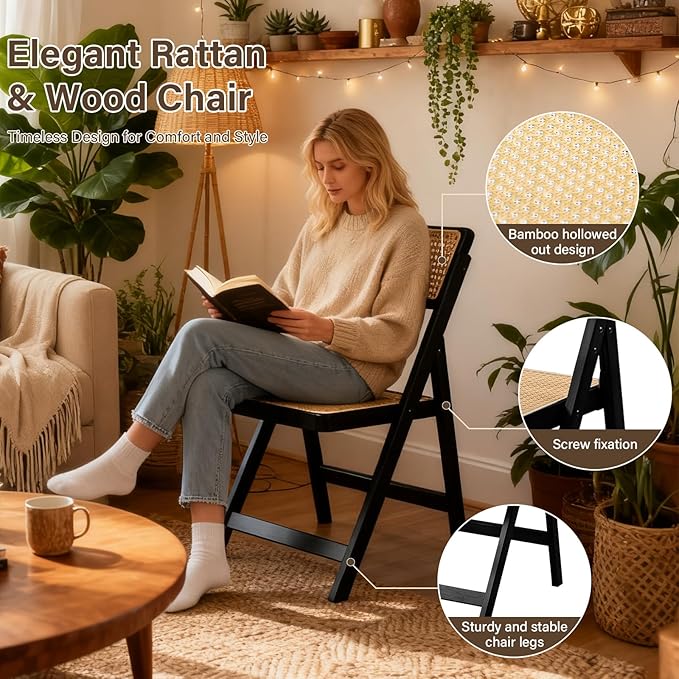 Furlide Rattan Folding Chairs, Modern Mid Century Dining Chairs Set of 2, Outdoor Bamboo Chairs for Bedroom Living Room Reading Room Dining Kitchen, Black