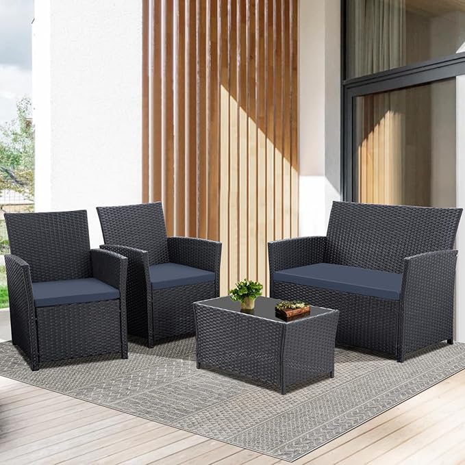 FHFO 4 Piece Outdoor Patio Furniture Sets, Outdoor Sectional Furniture Wicker Conversation Sofa Set for Outside Balcony Porch Backyard (Black-Blue)