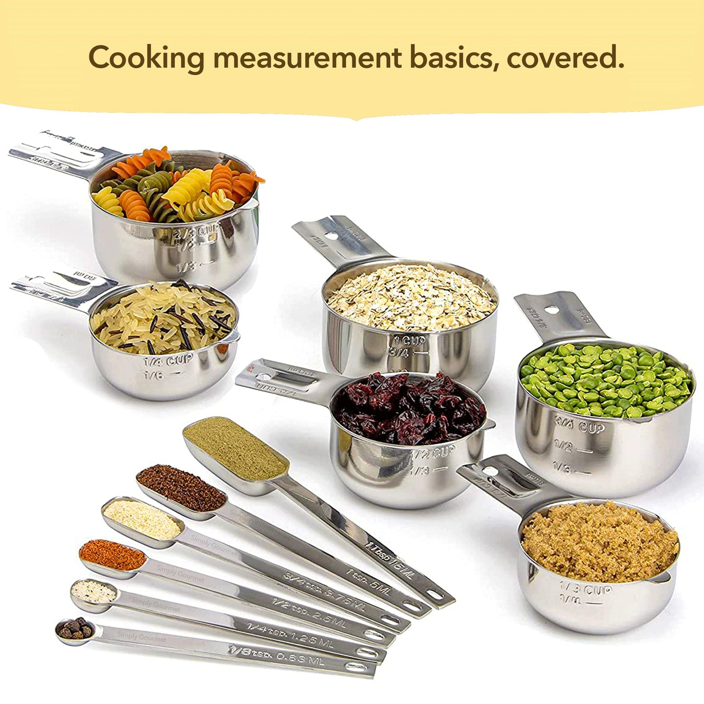 Simply Gourmet Measuring Cups and Spoons Set of 12 – 18/8 Stainless Steel Kitchen Gadgets – Stackable Design with Long Handle Spoons – Fits in Jars – Cooking & Baking Measuring Set for Dry & Liquid
