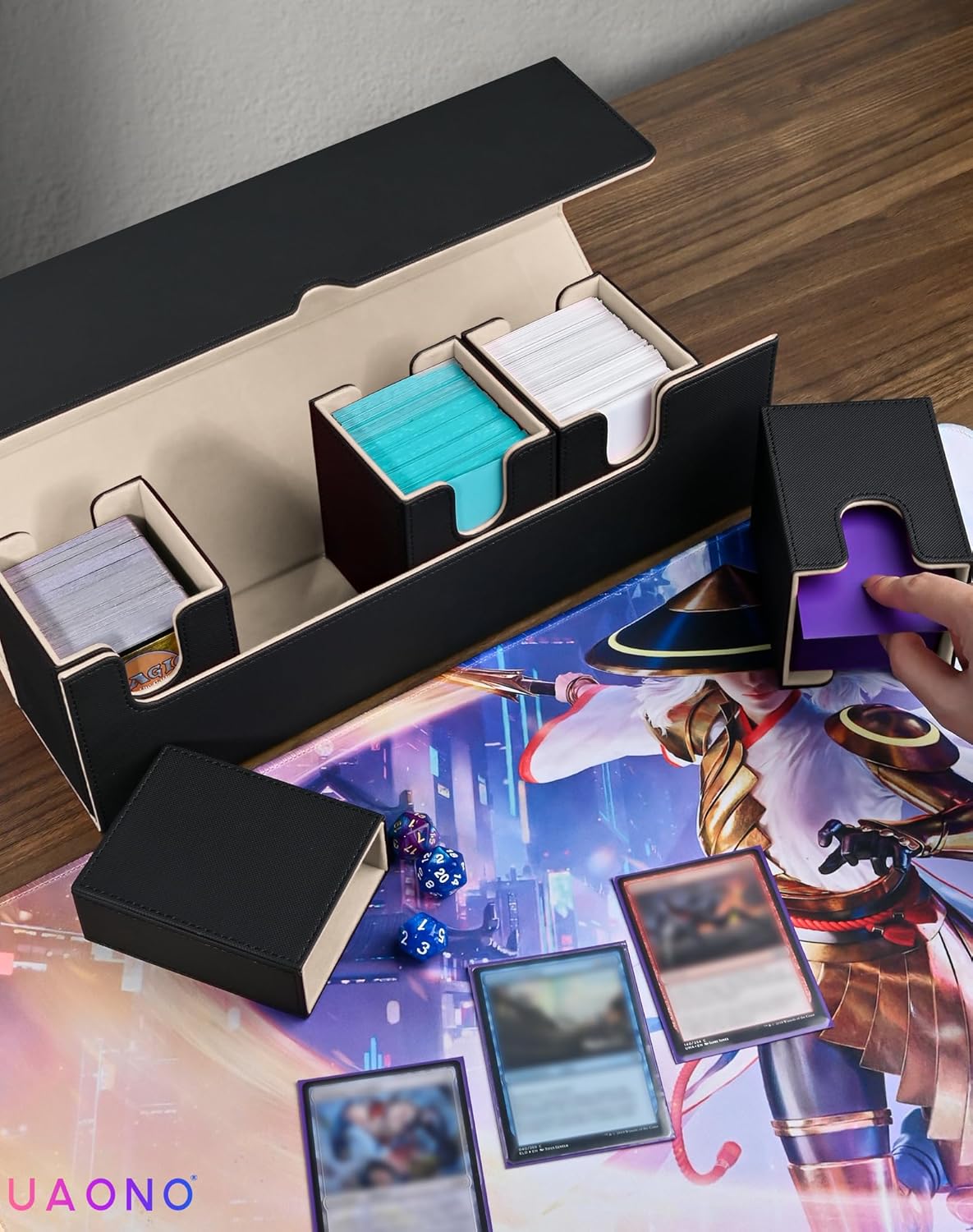 Card Deck Box with Dice Tray for MTG, 5 in 1 Deck Case Holds 800+ Unsleeved Cards, Strong Magnet Card Organizer Compatible with Yugioh TCG Sport (Black Gold)