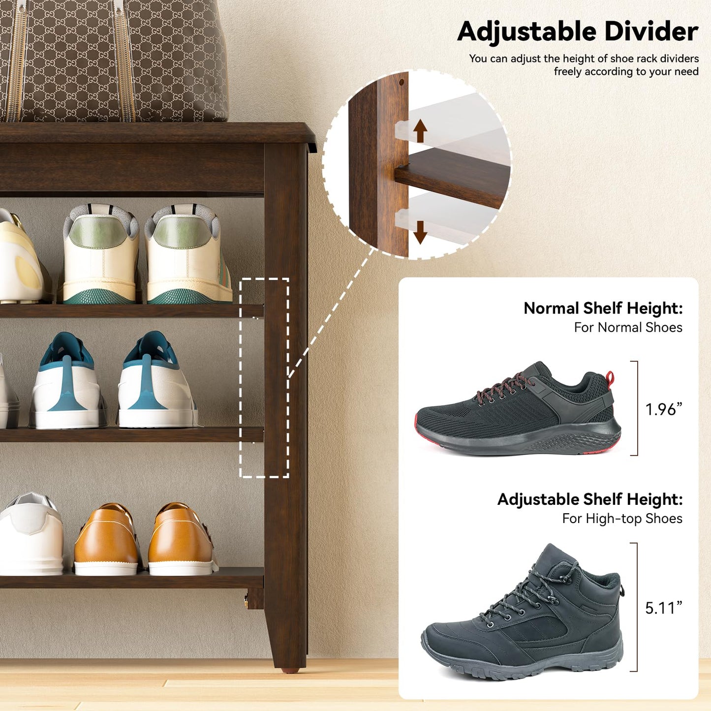 Taitiy Shoe Bench Storage Rubberwood, Entryway Bench with 3-Tiers Height Adjustable, Shoe Rack Front Door Entrance Organizer for Hallway Living Room, Mudrooms, Walnut,31.5"