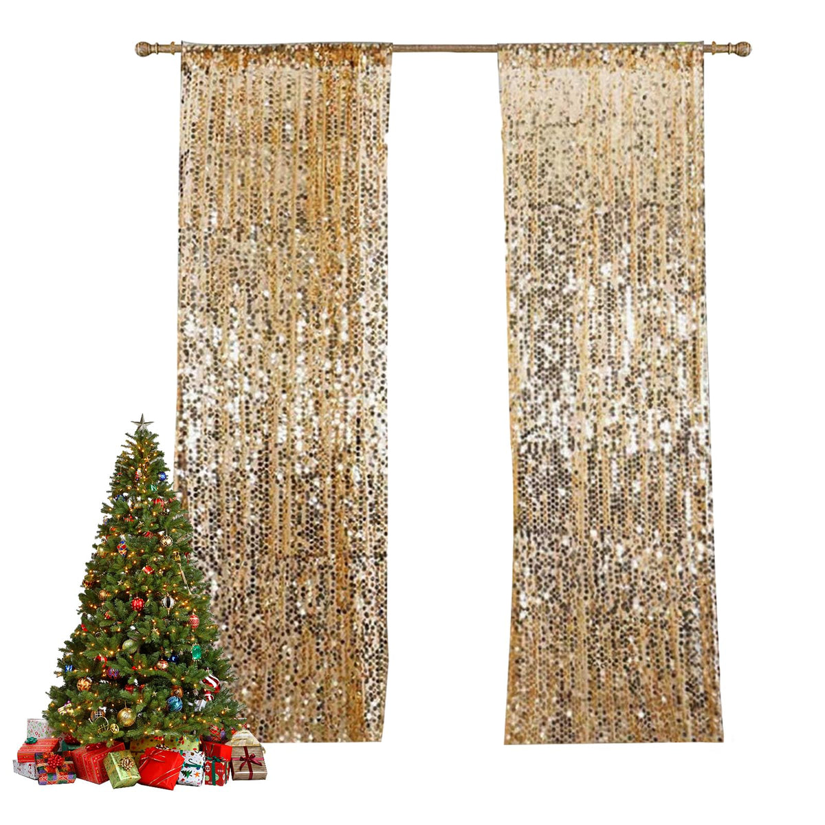 UAMOU HH 9x8FT Big Sequin Backdrop Curtains, Shimmer Sequin Fabric Photography Backdrop, Sequin Photo Backdrop Payette Sequin Backdrop Curtain Panels for Wedding Party Christmas Decoration-Gold