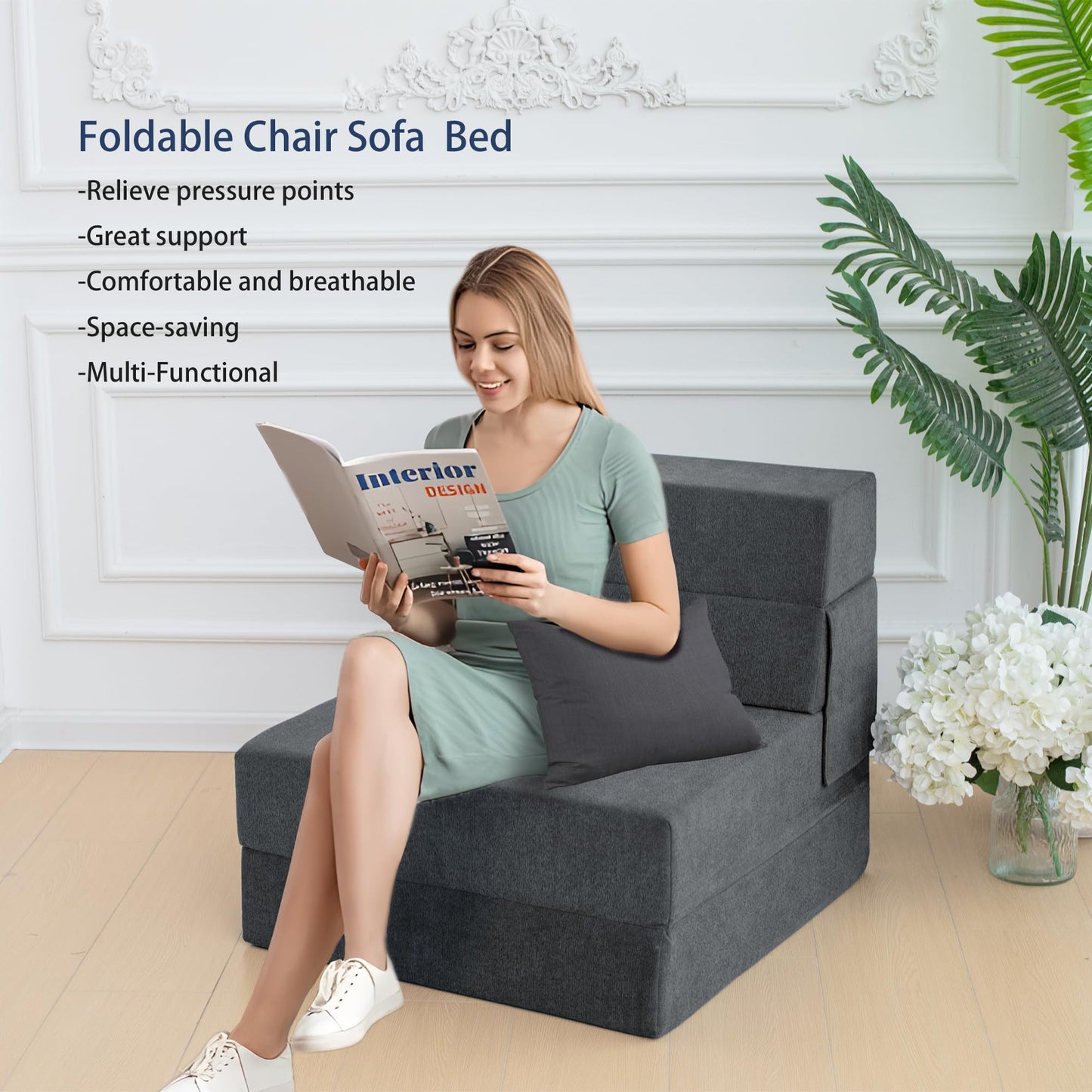Ressainic Folding Sofa Bed Chair with Pillow,Convertible Fold Out Chair Bed Sleeper,Foam Floor Mattress, Foldable Futon Couch Bed for Living Room/Dorm/Guest/Office (Grey, Single)