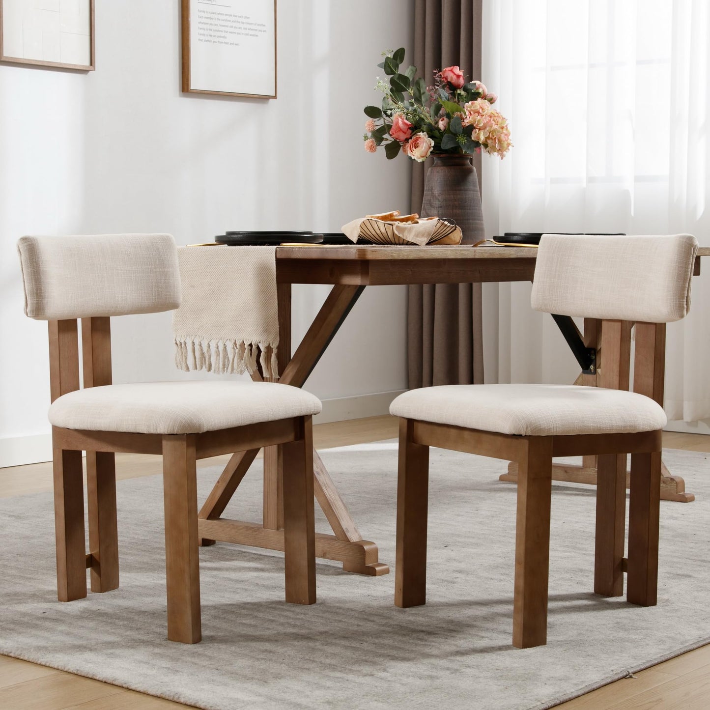 BESTANO Linen Wooden Dining Chairs Set of 4, Modern Farmhouse Dining Room Kitchen Chairs with Curved Backrest Natural Wood Legs, Armless Dining Chairs, Beige