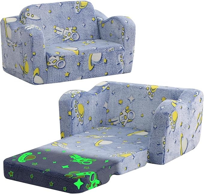 MeMoreCool Toddler Folding Sofa Chair – Denim Rocket Glow-in-The-Dark Plush Lounger 2-in-1 Couch & Recliner | Machine Washable | Soft Kids Seat for Playroom or Nursery