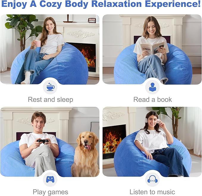 Homguava 3.5FT Bean Bag Chair: Teardrop Bean Bags with Memory Foam Filled, Compact Beanbag Chairs Soft Sofa with Corduroy Cover (Blue)